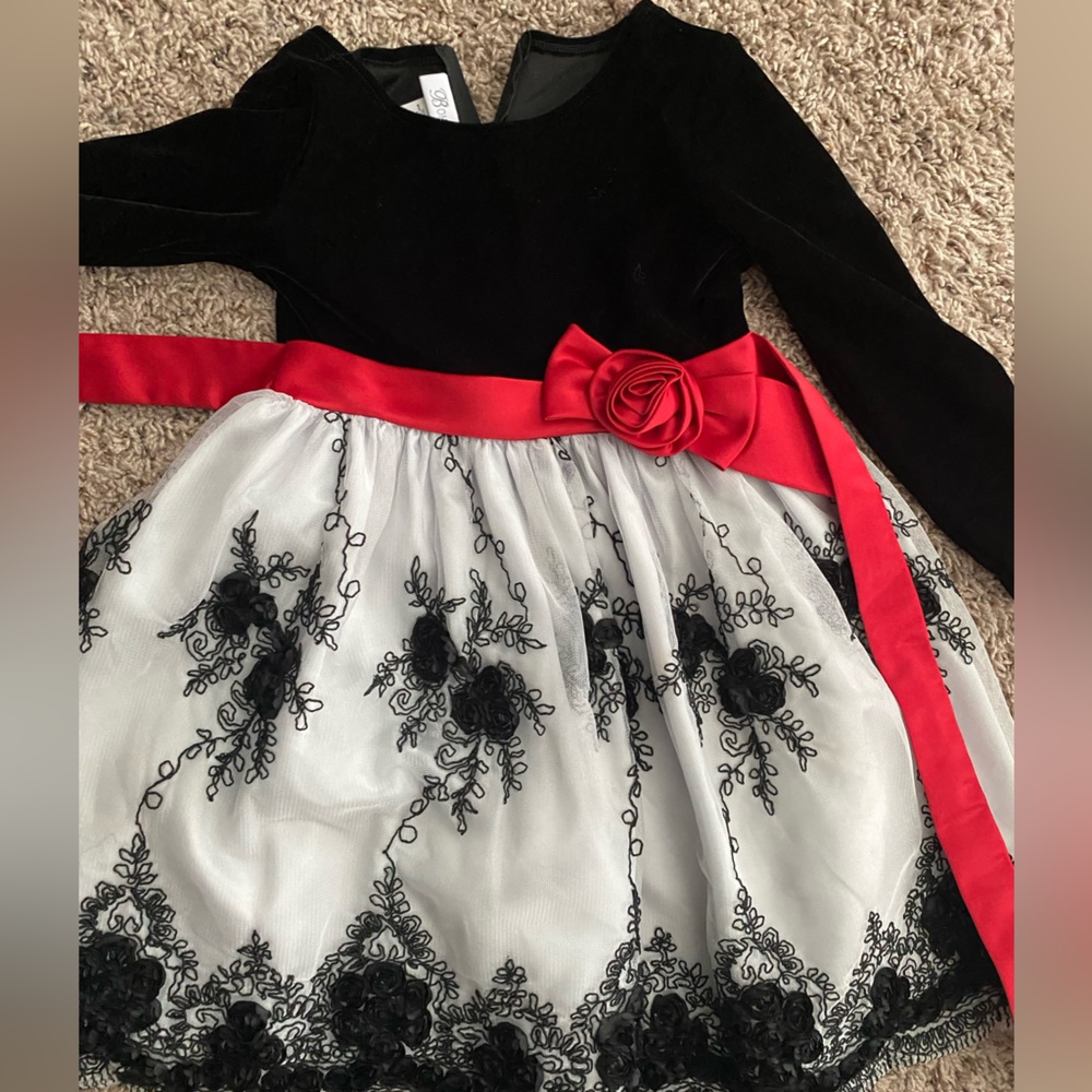 Girls black and white Holiday dress with red string